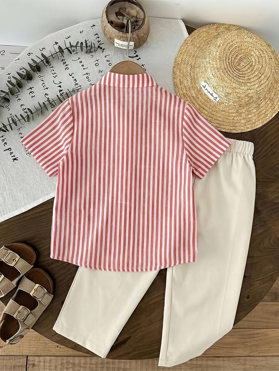 Ensemble 2 pièces 'S : Chemise décontractée à rayures et pantalon uni — Monptitlou