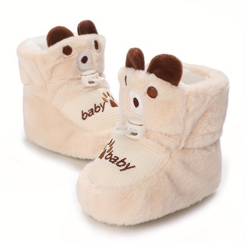 Chaussures d'hiver pour nouveau-nés 0-1 an, bottes chaudes doublées peluche avec motifs mignons, semelles souples, chaus