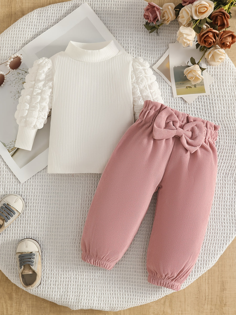 Haut à manches bouffantes et pantalon long avec nœud rose pour — Monptitlou