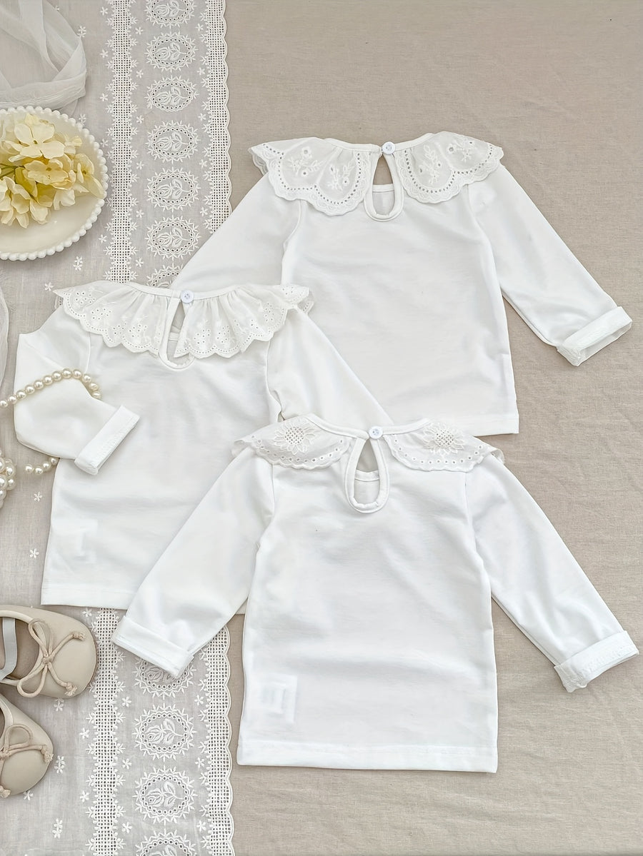 T-shirt pour filles à col dentelle unicolore — Monptitlou