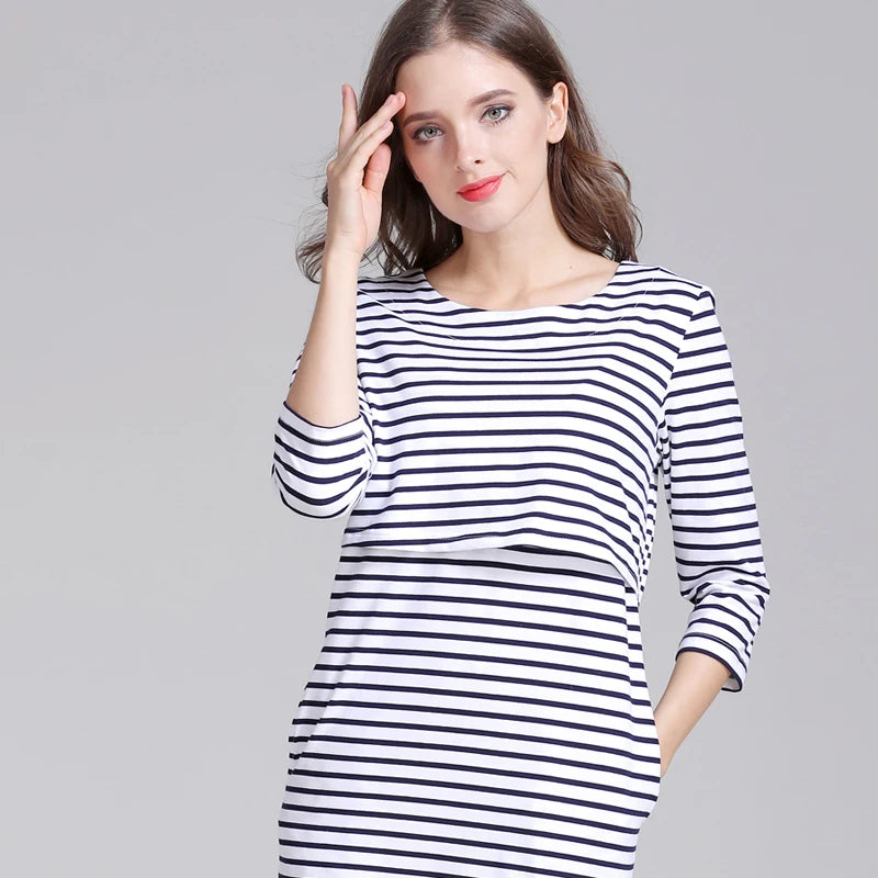 Robe d'Allaitement en Coton à Rayures pour Femme Enceinte — Monptitlou