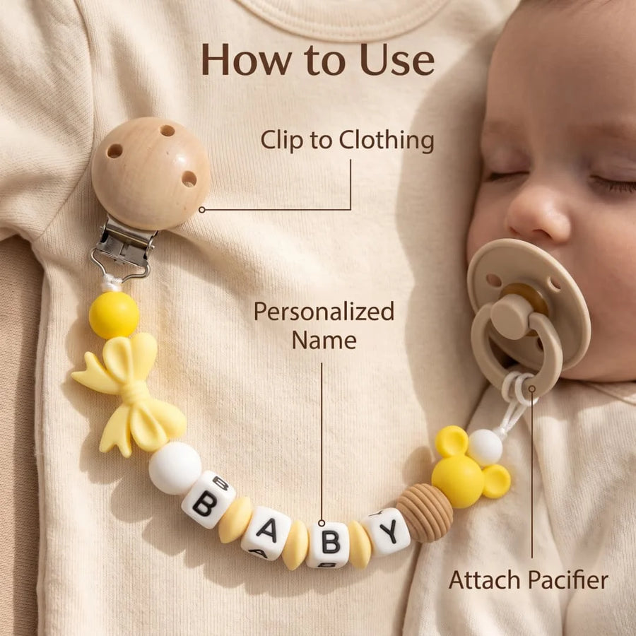 Support de sucette en silicone pour bébé, personnalisable avec nom