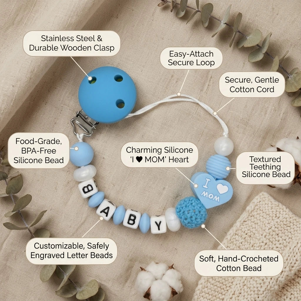 Attache-tétine personnalisée en silicone pour bébé avec nom sur mesure — Monptitlou
