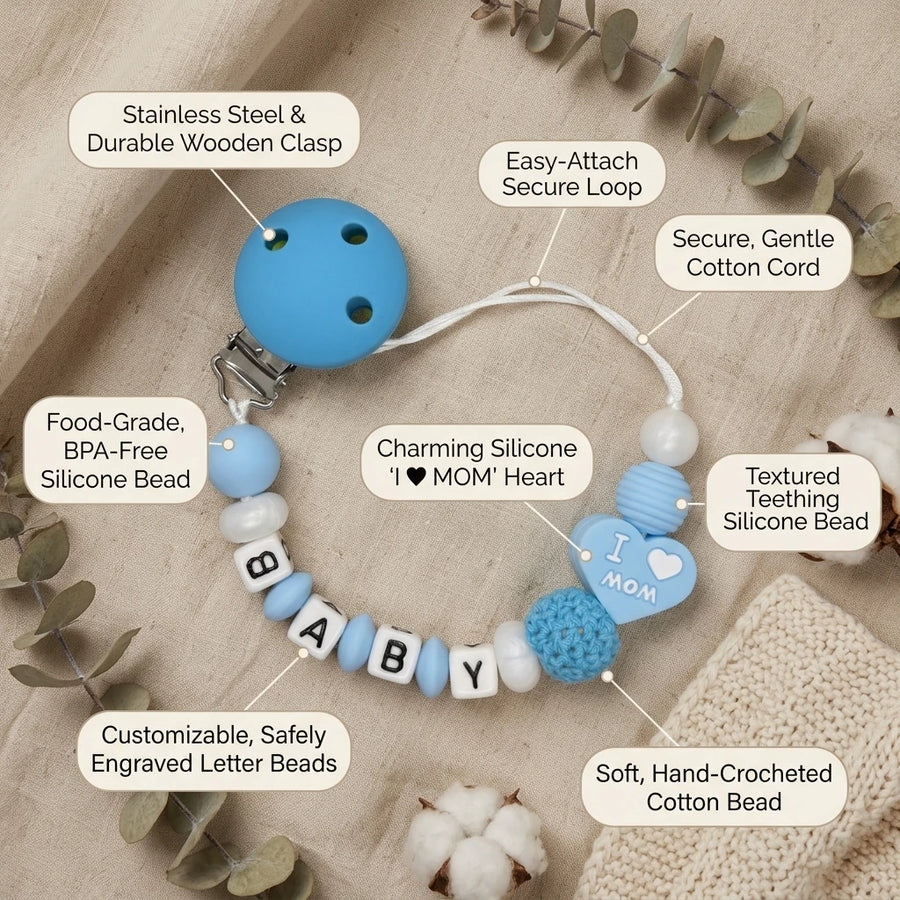 Attache-tétine personnalisée en silicone pour bébé avec nom sur mesure — Monptitlou
