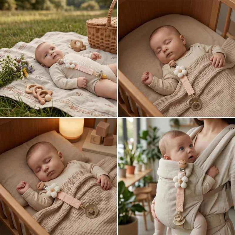 Attache-tétine personnalisée, prénom gravé, perles en bois et fleur