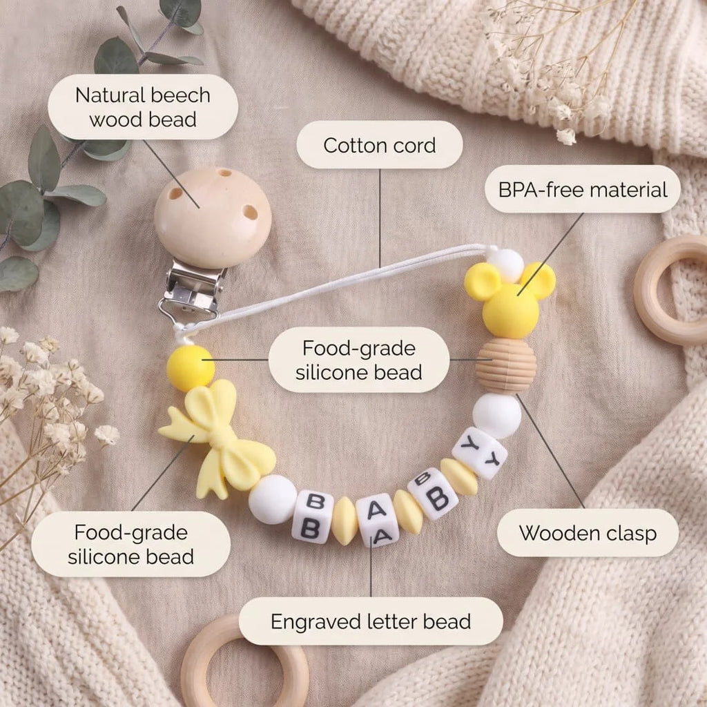 Support de sucette en silicone pour bébé, personnalisable avec nom — Monptitlou