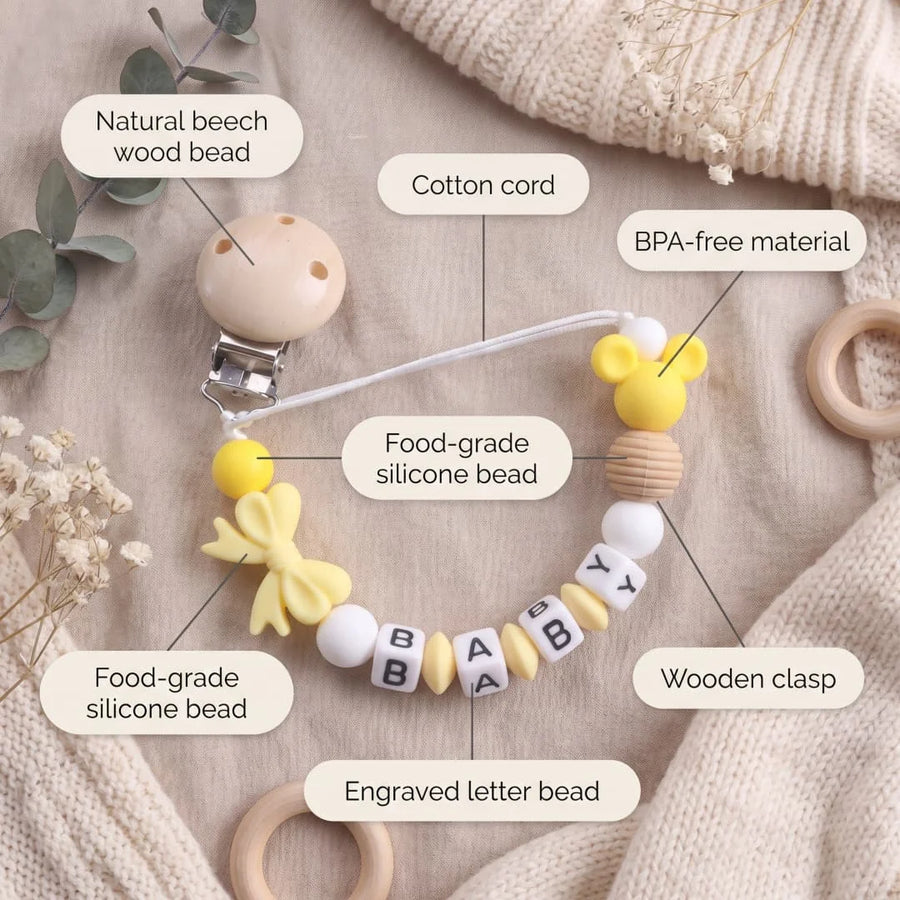 Support de sucette en silicone pour bébé, personnalisable avec nom — Monptitlou