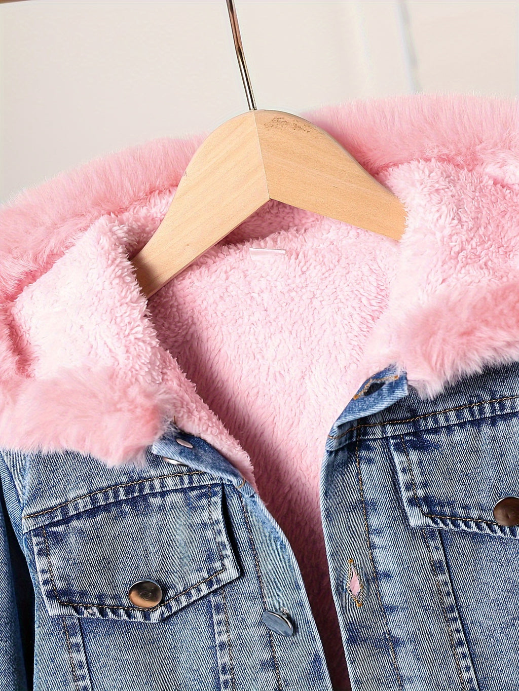 Veste en jean doublée moumoute rose， avec manches longues et capuche — Monptitlou