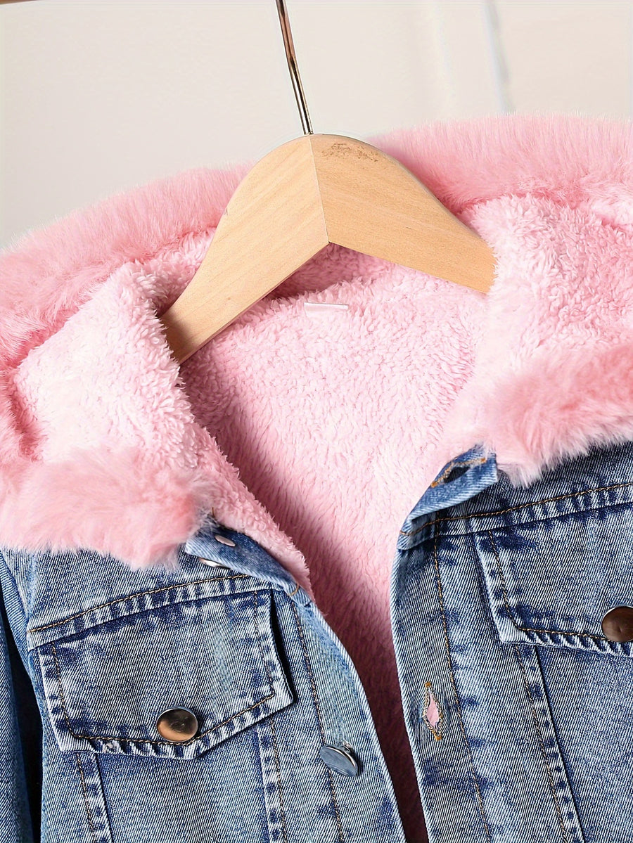 Veste en jean doublée moumoute rose， avec manches longues et capuche — Monptitlou