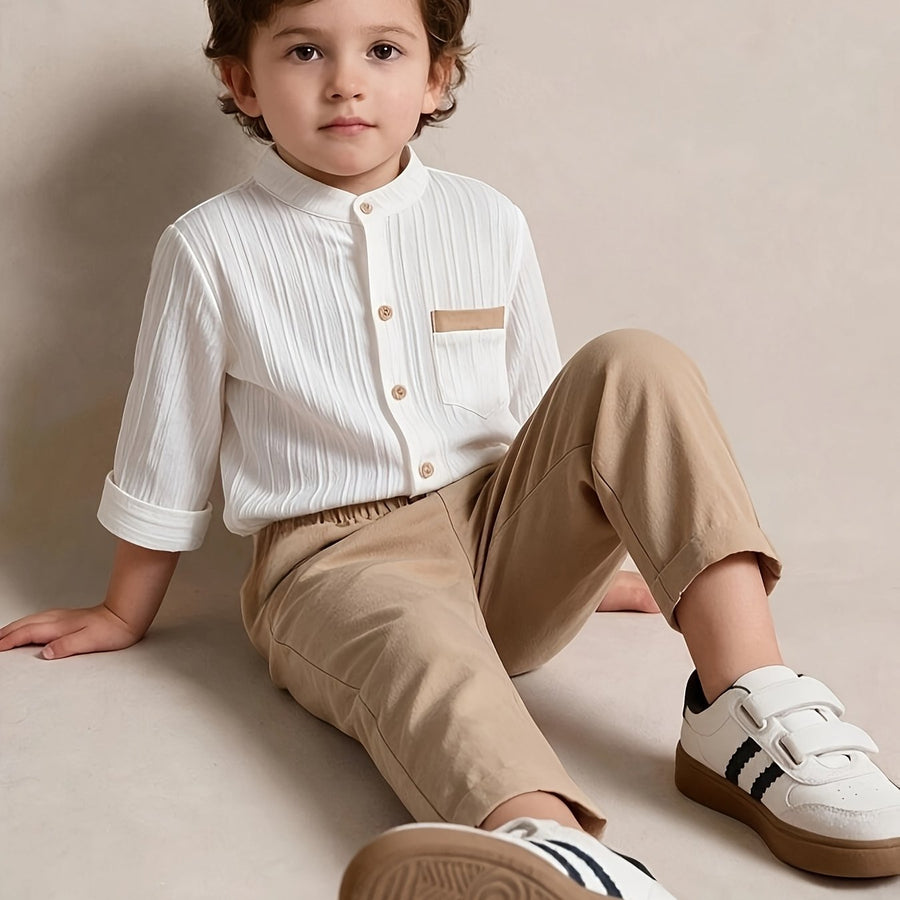 [Idéal été automne] Ensemble chemise à manches longues unie et rayée et — Monptitlou