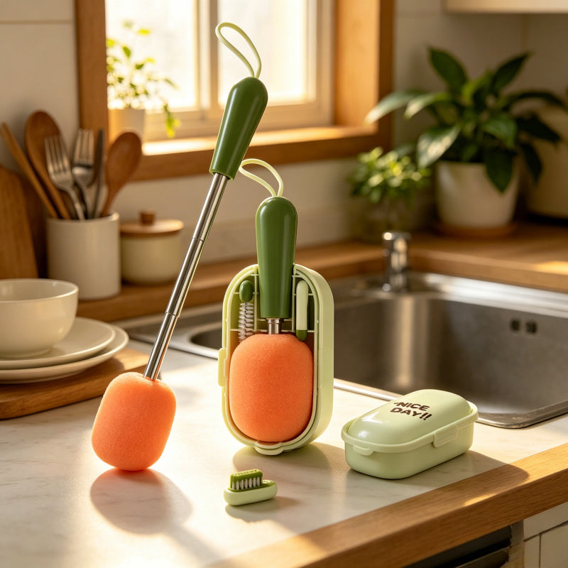 Brosse de Nettoyage de Voyage 4-en-1 Portable pour Biberons avec Manche — Monptitlou