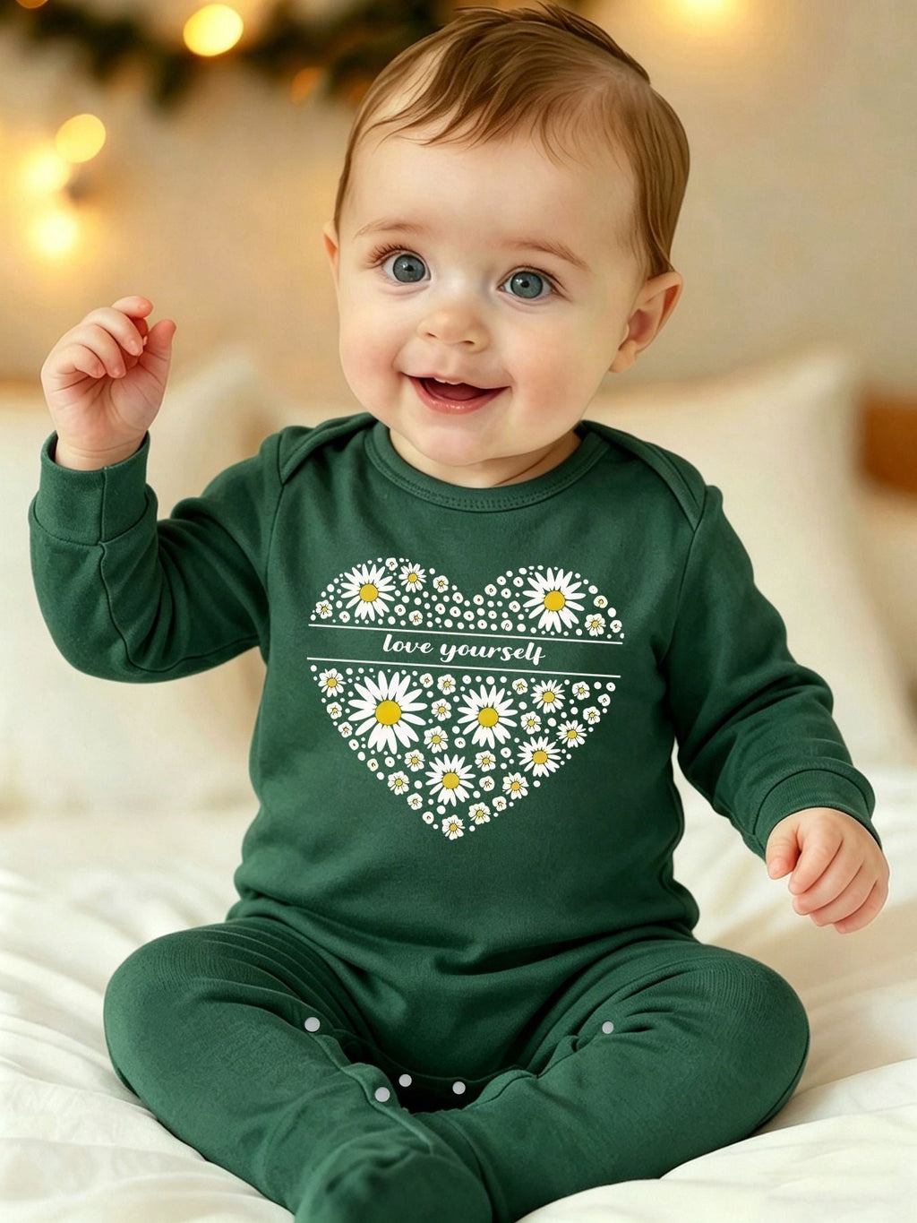 Barboteuse Bébé Printemps/Automne avec Pieds et Motif "Coeur de Marguerite" - 100% Doux et Respirant, Survêtement de Tro
