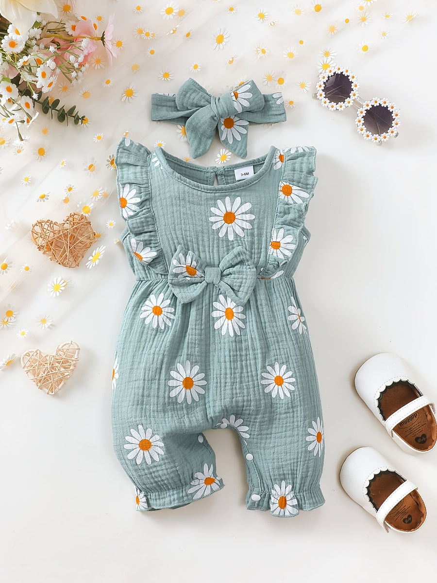 Romper bébé fille été style mignon avec motif petite marguerite imprimé, tissu froncé double face, dentelle mignonne, sa