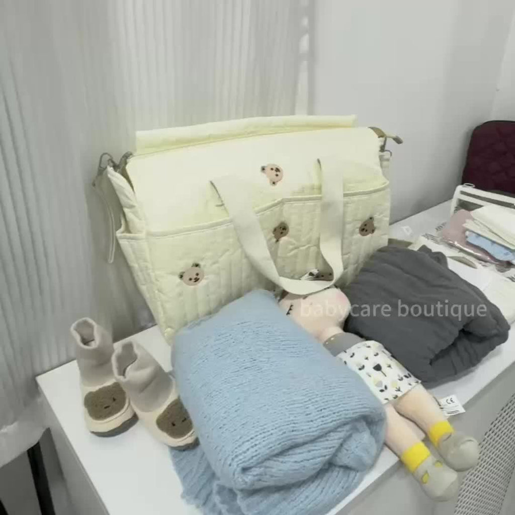 Sac de maternité portable style coréen avec broderie ours, grand capacité, organisateur suspendu pour biberons et couche
