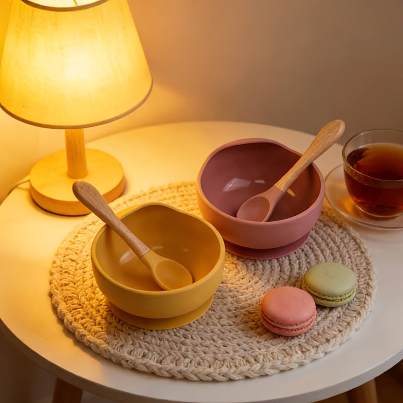 Lot de 1 bol et cuillère pour bébé, bol anti-dérapant à ventouse avec cuillère à manche en bois, vaisselle d'apprentissa