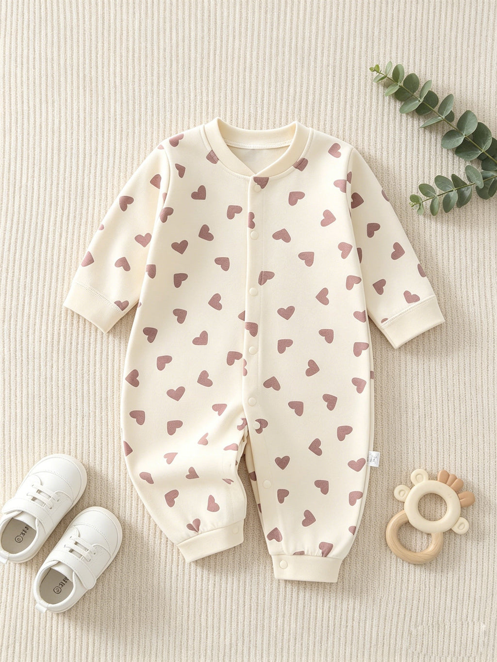 Combinaison manches longues pour bébé nouveau-né, imprimé petits cœurs partout, douce et respirante pour toutes saisons,