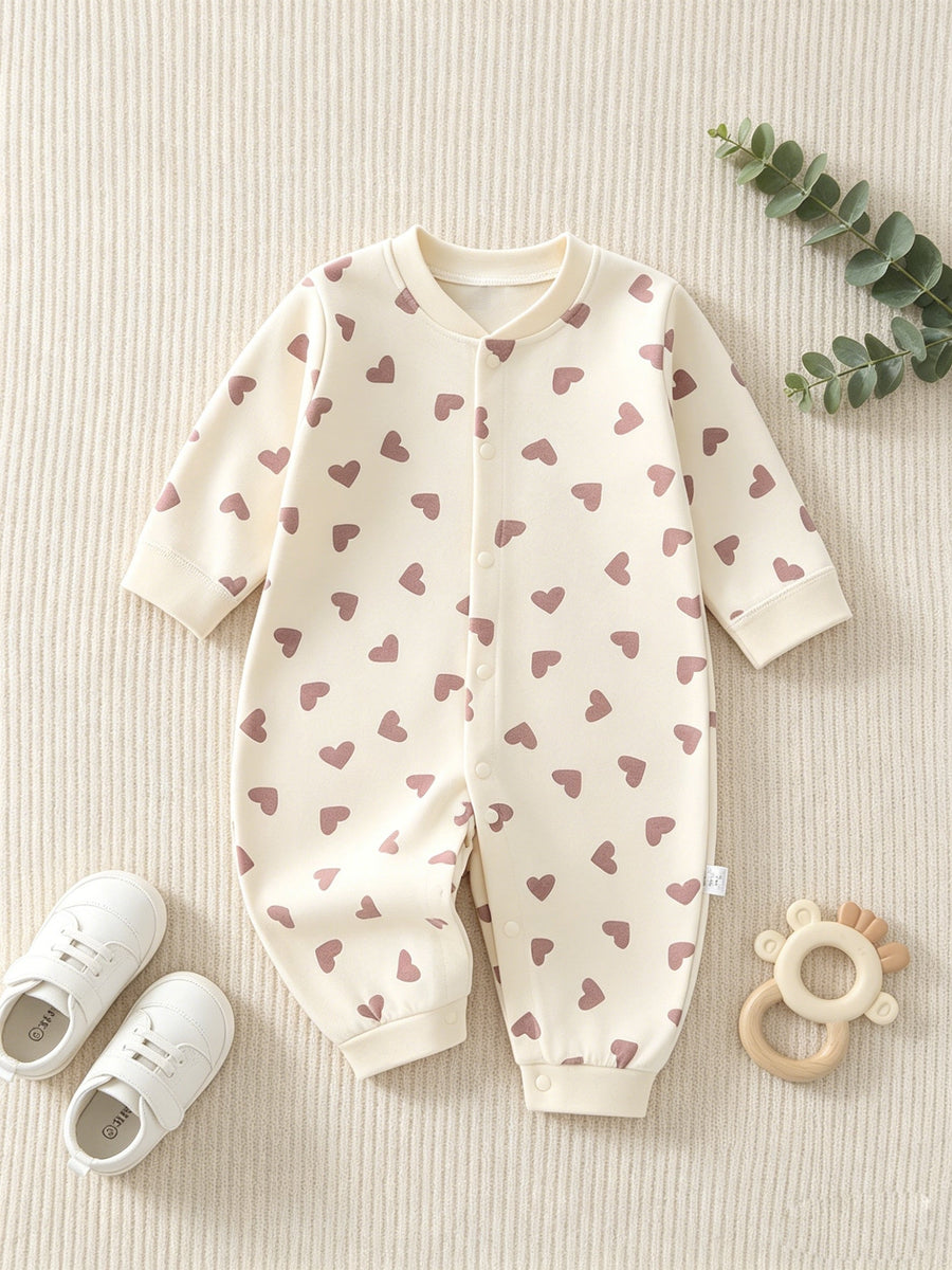 Combinaison manches longues pour bébé nouveau-né, imprimé petits cœurs partout, douce et respirante pour toutes saisons,