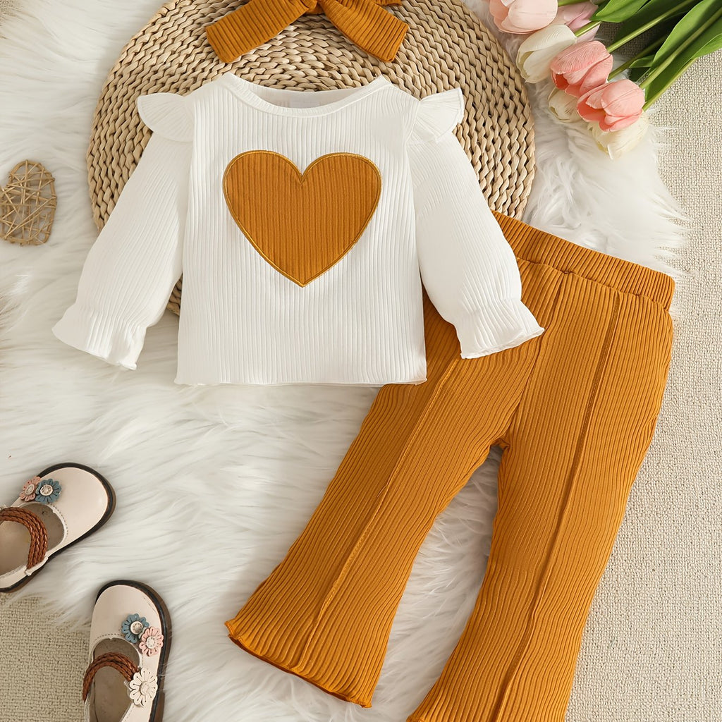 Ensemble trois pièces haut à manches longues brodé cœur + pantalon + — Monptitlou
