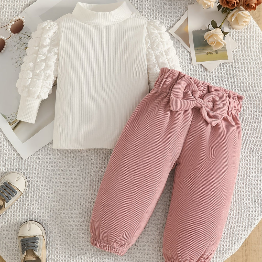 Haut à manches bouffantes et pantalon long avec nœud rose pour — Monptitlou