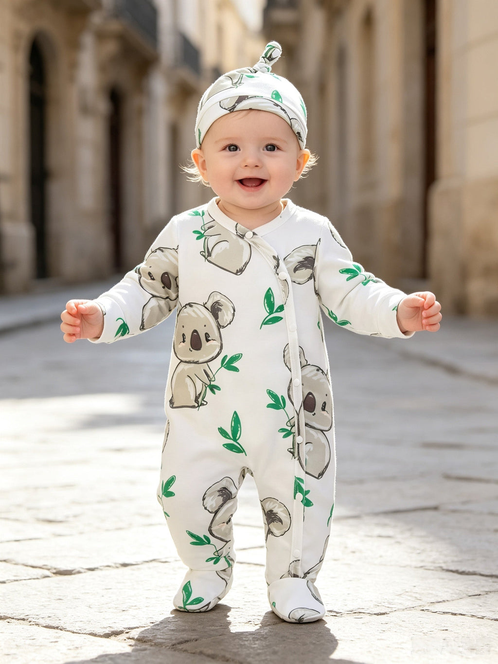 Combinaison bébé pieds doux koala feuille verte unisexe 0-9 mois ensemble body et bonnet pour extérieur
