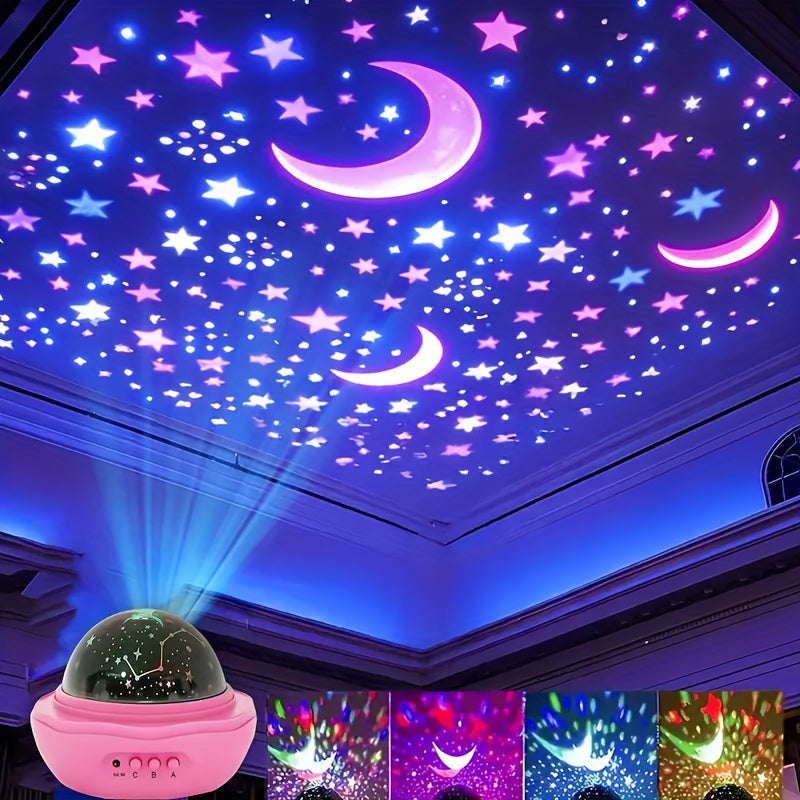 Lampe de nuit étoile et lune rose, projection rotative à 360 degrés — Monptitlou