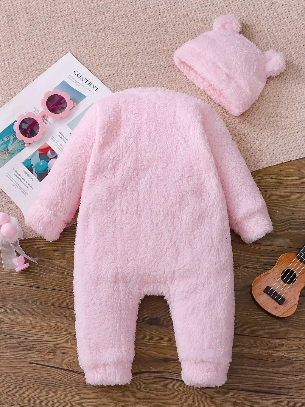 Combinaison Mignonne à Manches Longues en Peluche Unie pour Filles - Automne/Hiver avec Fermeture Éclair et Petit Chapea