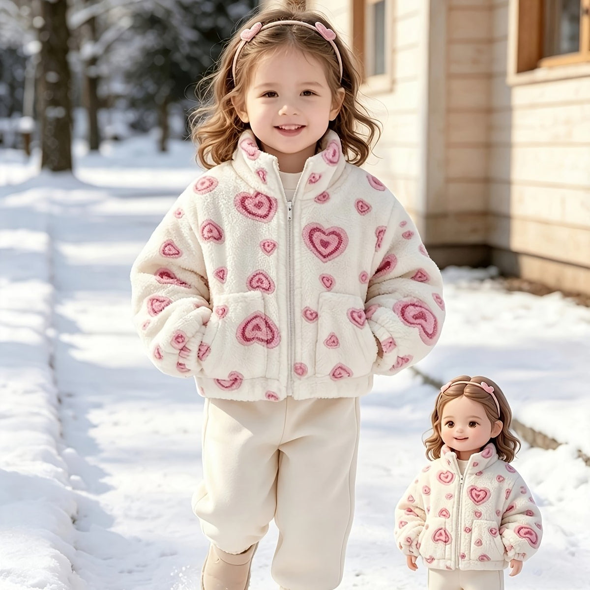 Veste à Revers en Molleton Corail Cœur Rose pour Fille — Monptitlou Image