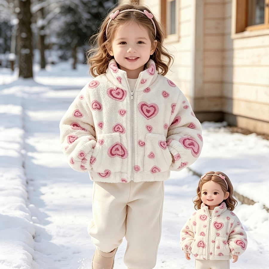 Veste à Revers en Molleton Corail Cœur Rose pour Fille — Monptitlou