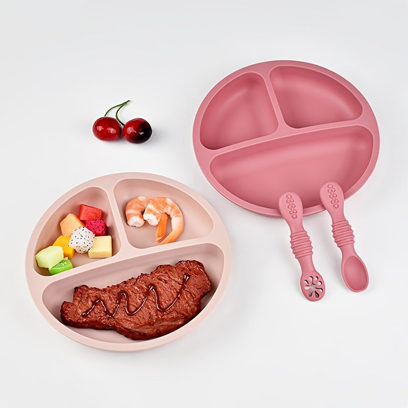 Ensemble de couverts en silicone alimentaire pour bébé - 3 pièces : assiette ronde, cuillère à fentes, cuillère à purée 