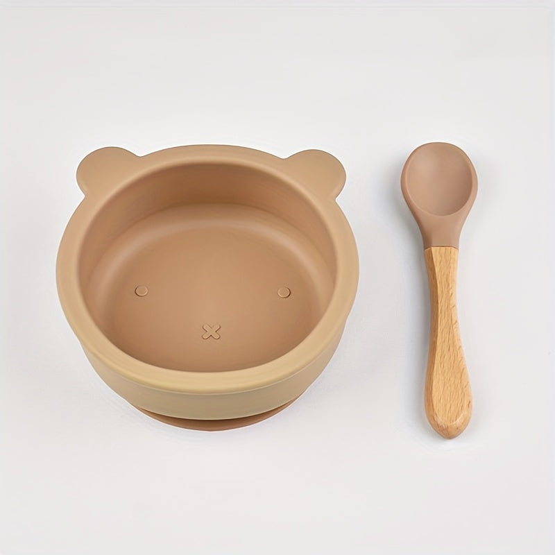 2 pièces ensemble de vaisselle pour bébé en silicone alimentaire avec ventouse, cuillère complémentaire à manche en bois