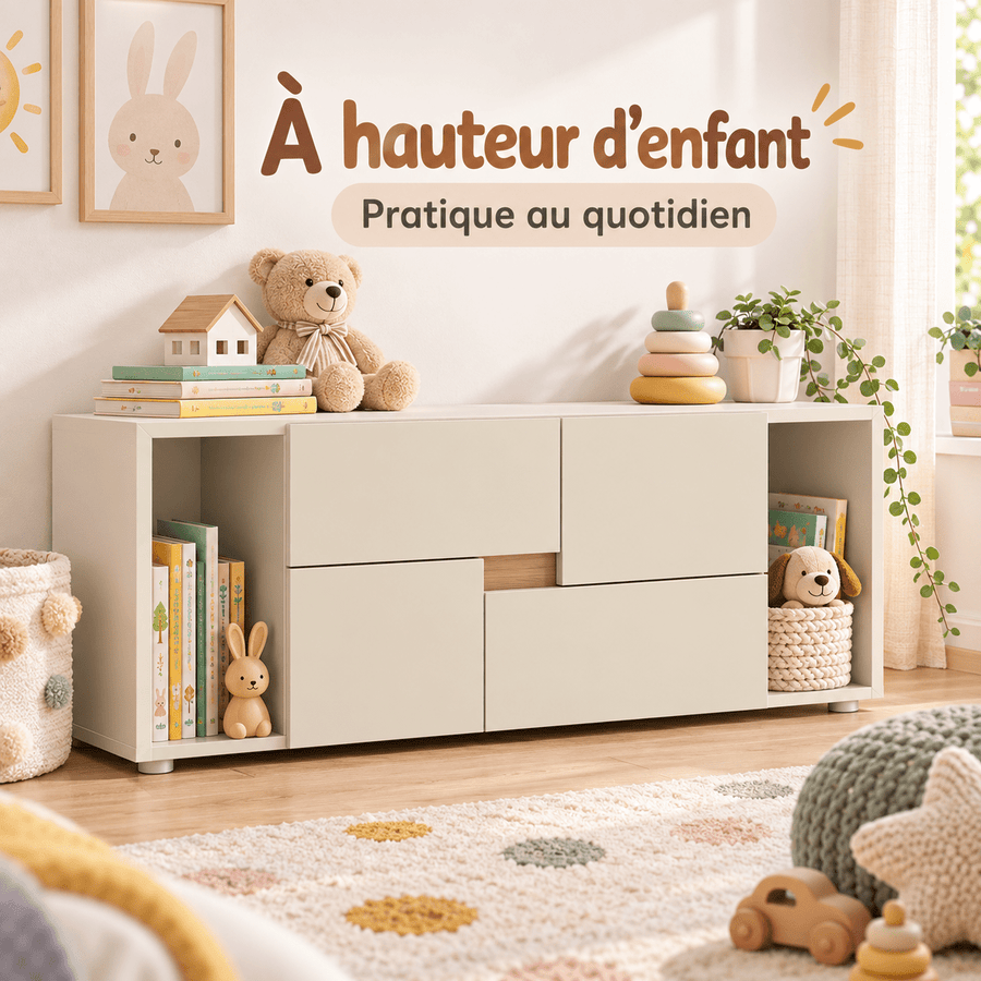 Bibliothèque basse enfant LINOA 4 portes cachemire avec 2 niches — Monptitlou