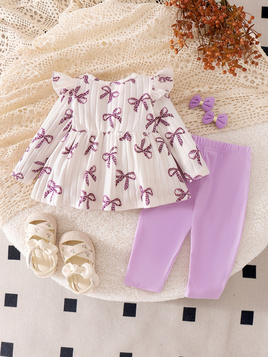 Ensemble 2 pièces pour nouveau-née : nœud, imprimé léopard, col rond, manches longes + pantalon décontracté à taille éla