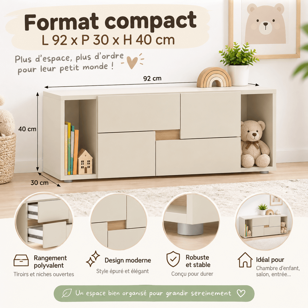 Bibliothèque basse enfant LINOA 4 portes cachemire avec 2 niches — Monptitlou