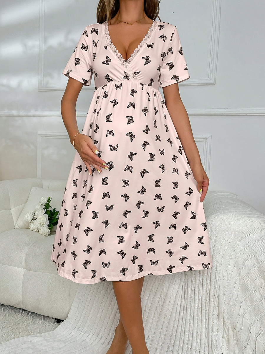 Chemise de Nuit de Grossesse - Imprimé Papillon & Dentelle — Monptitlou