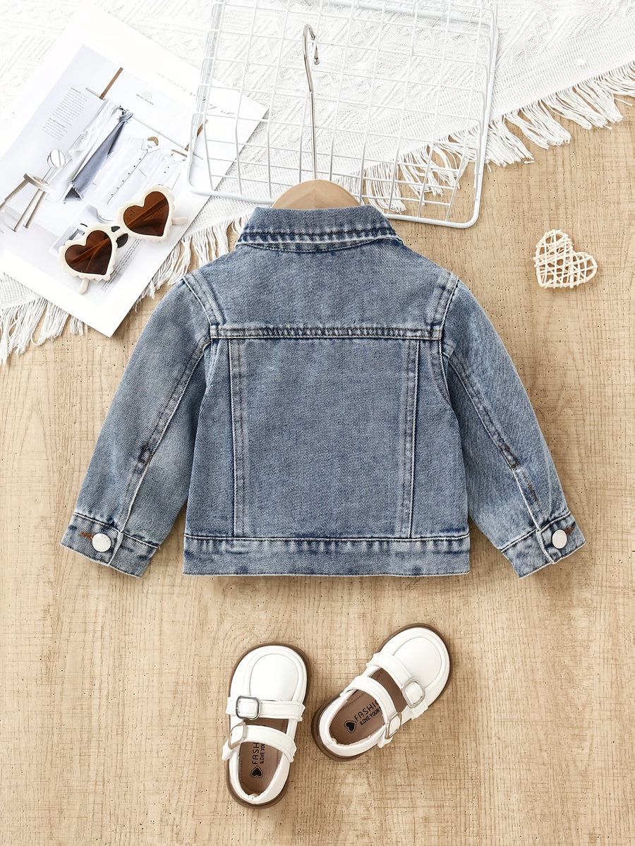 Veste en jean décontractée pour bébé fille, design cœur clouté, lavée — Monptitlou