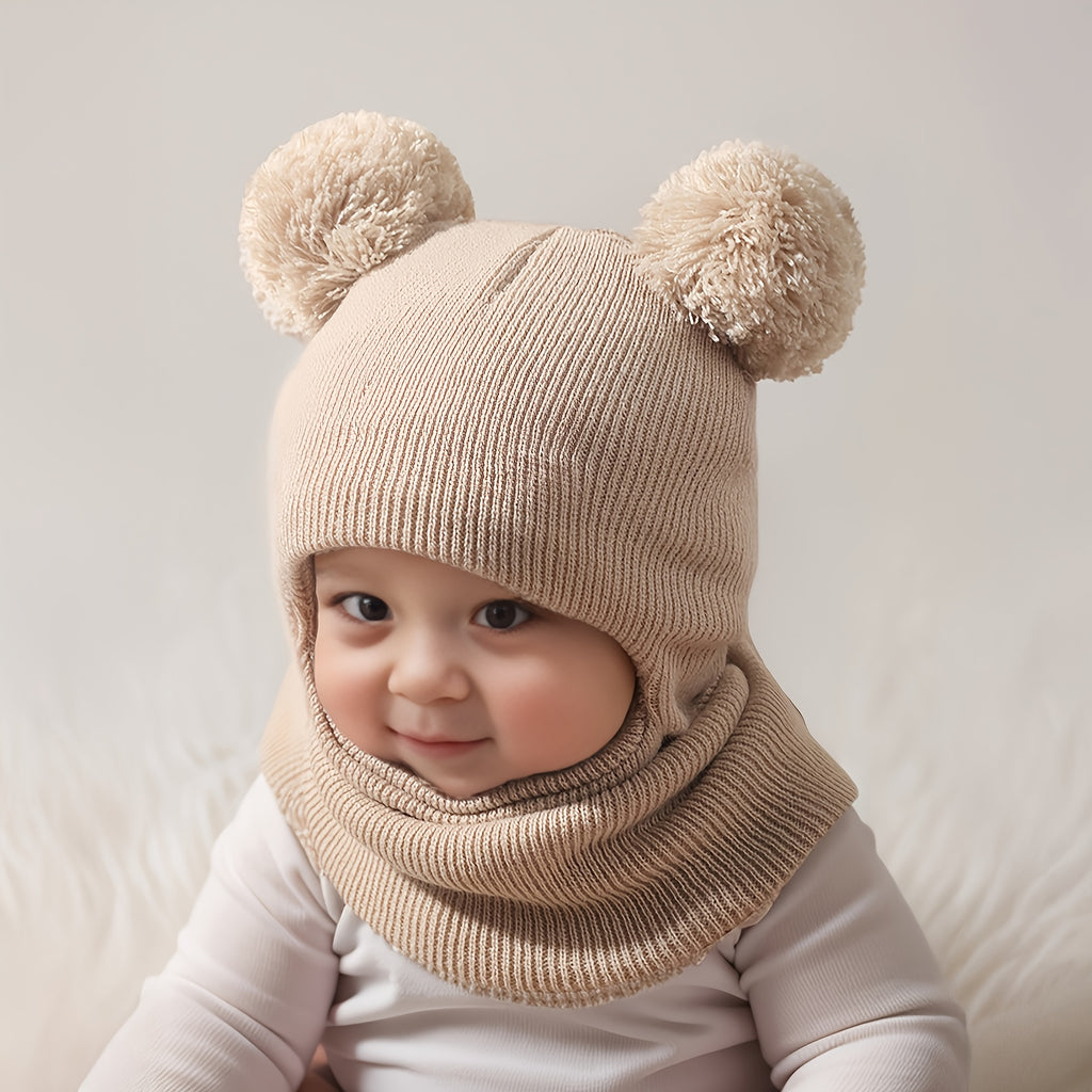 Bonnet Balaclava Confortable 0-3 Ans avec Pompon et Chauffe-Cou — Monptitlou