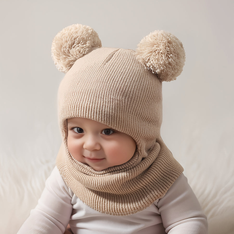 Bonnet Balaclava Confortable 0-3 Ans avec Pompon et Chauffe-Cou — Monptitlou