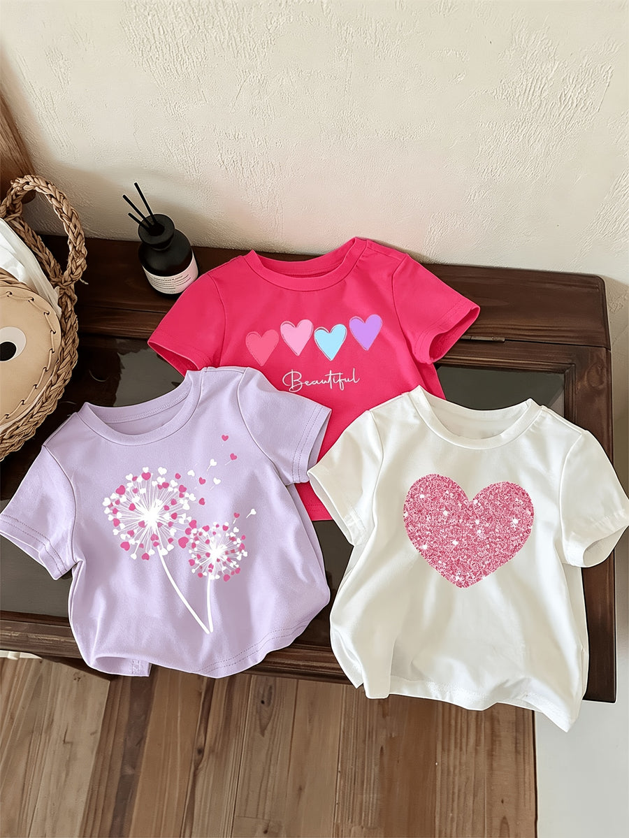 Hauts manches courtes col rond motif floral et cœur pour filles — Monptitlou