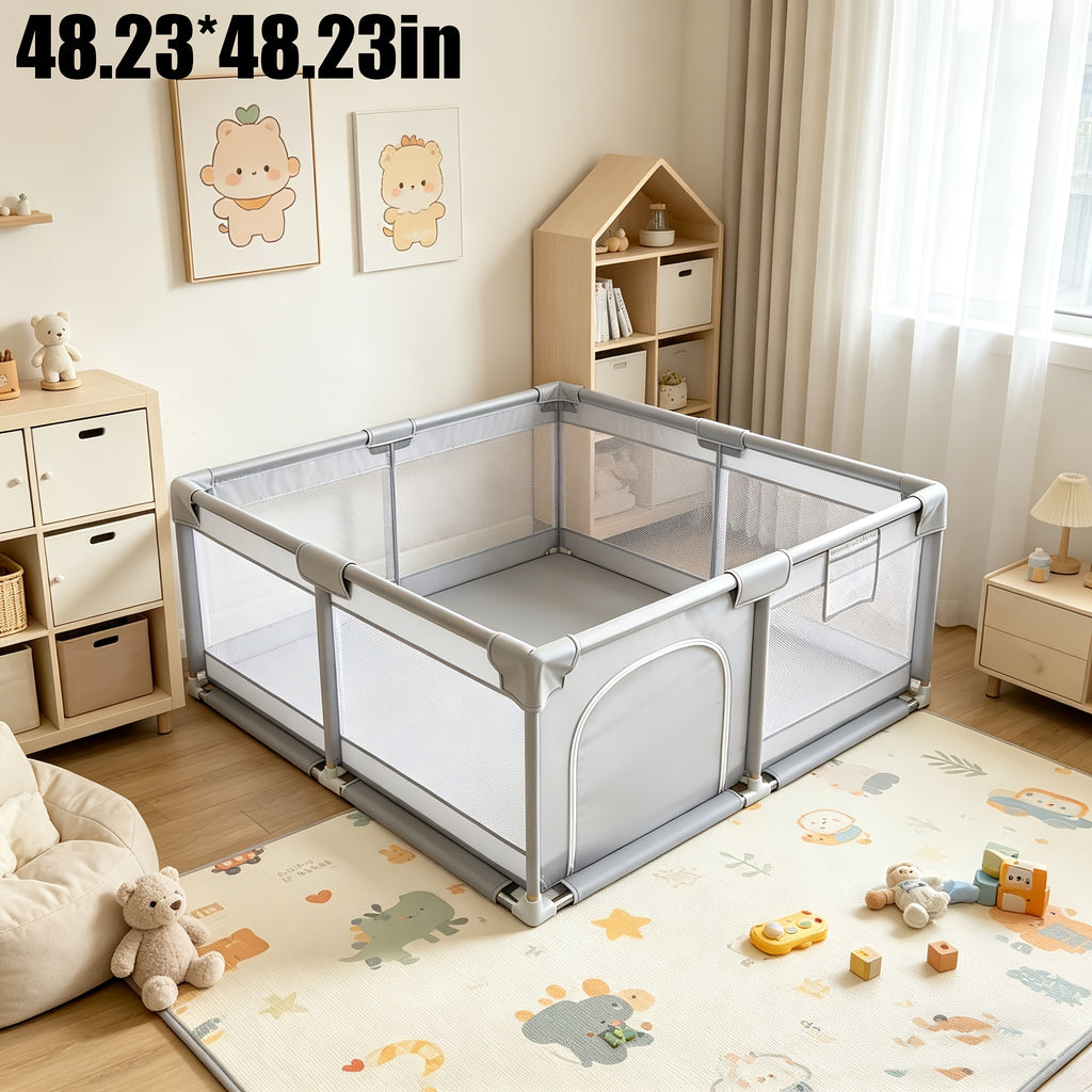 Barrière bébé surdimensionnée grise, filet souple et respirant — Monptitlou