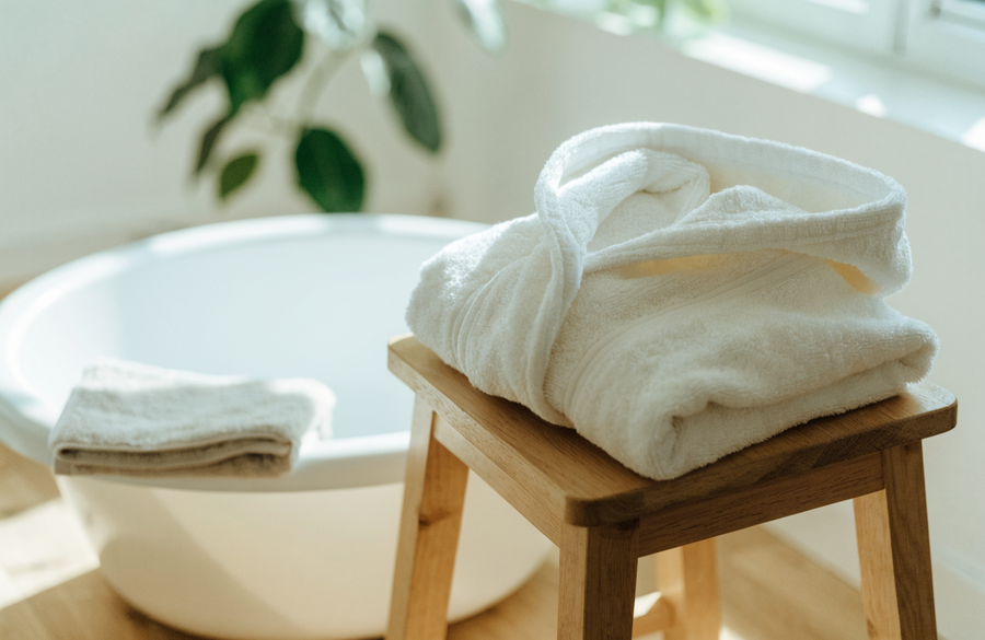 Cape de bain bébé en coton éponge pliée sur un tabouret, à côté d'une baignoire bébé