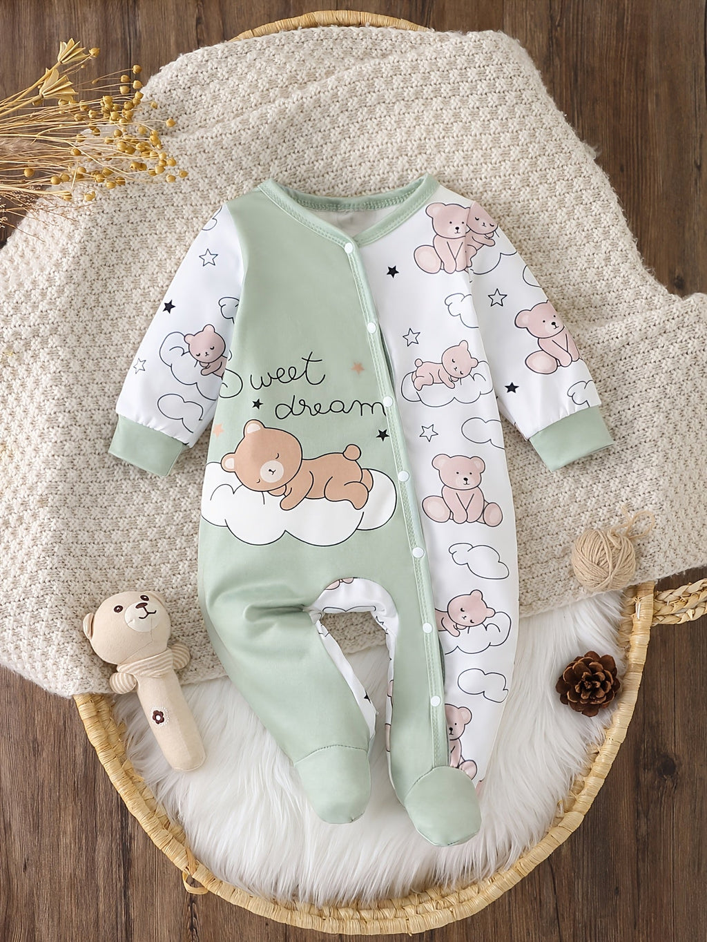 Barboteuse à pieds pour bébé avec imprimé ours endormi "Sweet Dream" — Monptitlou