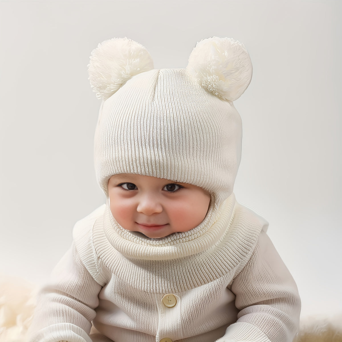Bonnet Balaclava Confortable 0-3 Ans avec Pompon et Chauffe-Cou — Monptitlou Image