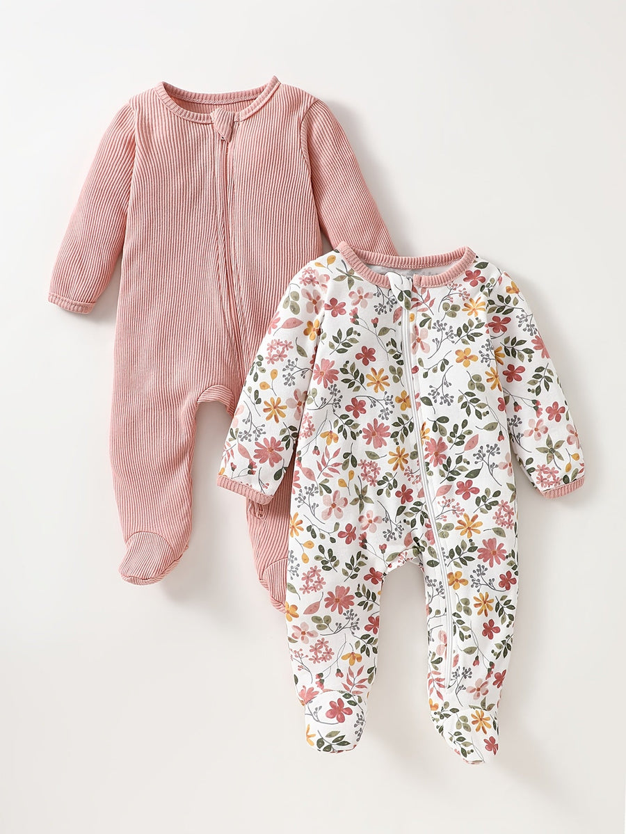 2 bodysuits pieds pour bébé fille, tissu doux, respirant et confortable, motif floral rose, adapté aux nouveau-nés de 0 