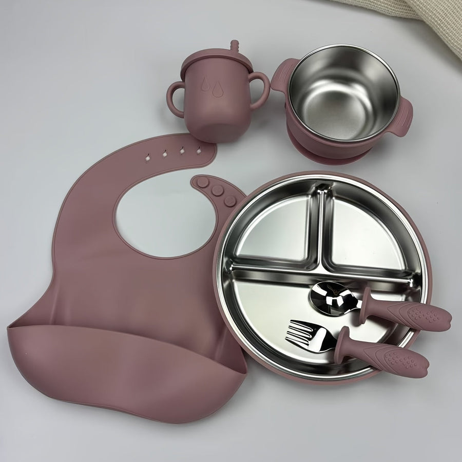 Lot de fourchette-cuillère en acier inoxydable avec ventouse en silicone fendue, bol pour enfants, gobelet avec paille, 