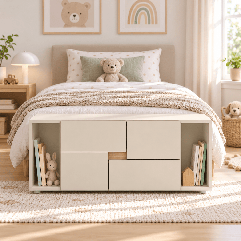 Bibliothèque basse enfant LINOA 4 portes cachemire avec 2 niches — Monptitlou