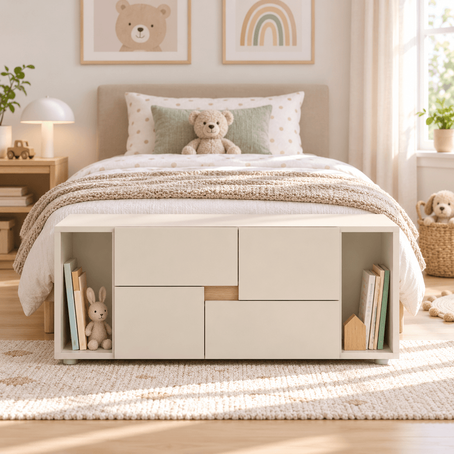 Bibliothèque basse enfant LINOA 4 portes cachemire avec 2 niches — Monptitlou