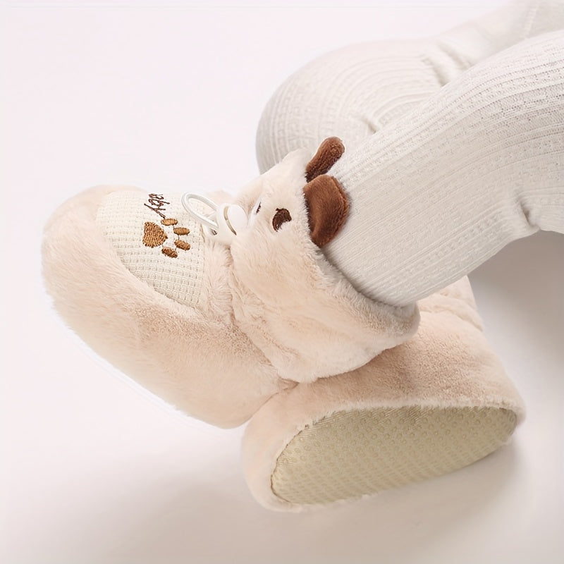 Chaussures d'hiver pour nouveau-nés 0-1 an, bottes chaudes doublées peluche avec motifs mignons, semelles souples, chaus