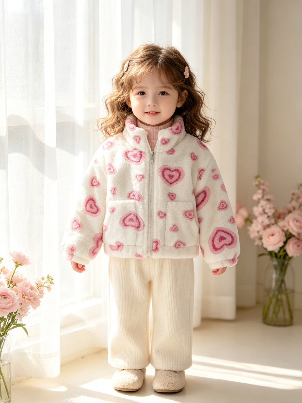 Veste à Revers en Molleton Corail Cœur Rose pour Fille — Monptitlou