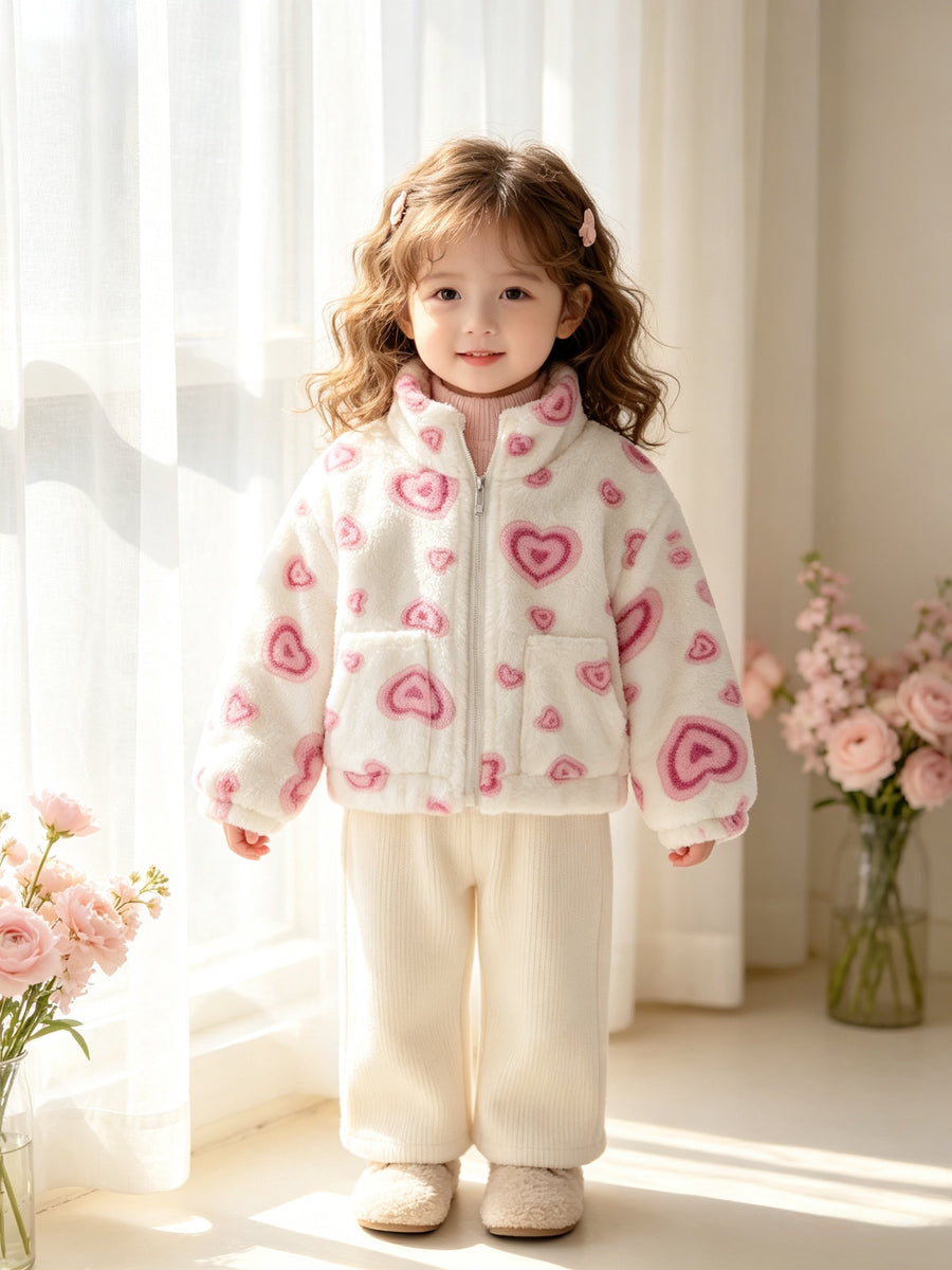 Veste à Revers en Molleton Corail Cœur Rose pour Fille — Monptitlou