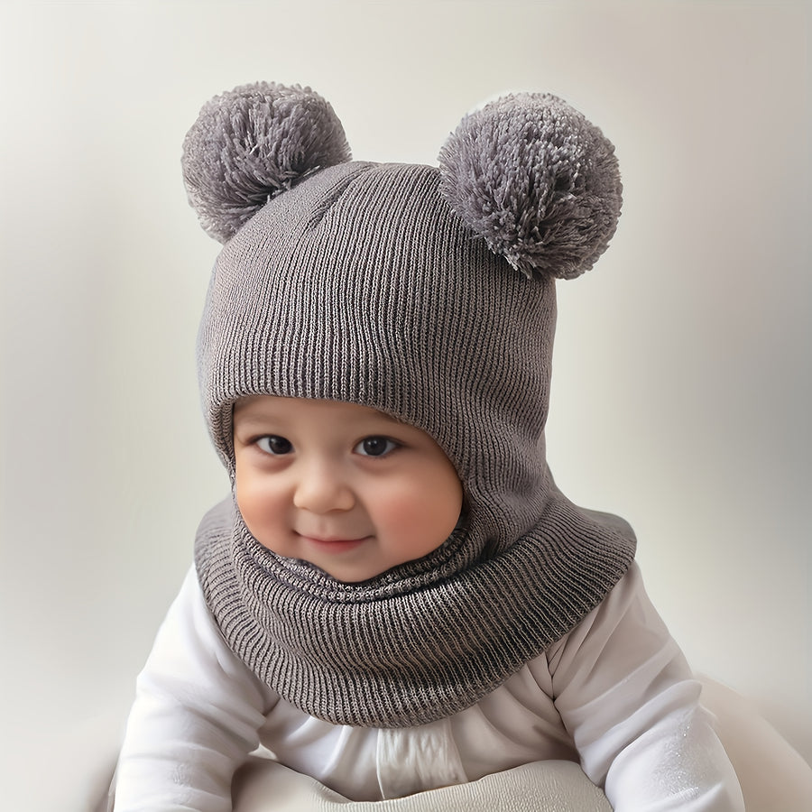 Bonnet Balaclava Confortable 0-3 Ans avec Pompon et Chauffe-Cou — Monptitlou